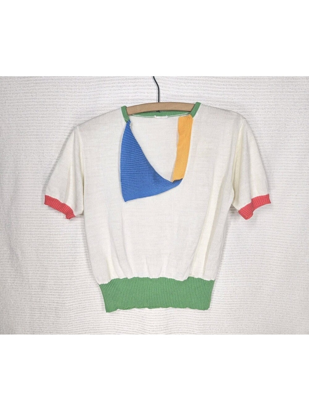 Vintage 1980s Color Block Knit Shirt Fine Sweater Knit Cut n Sew Retro Tshirt M